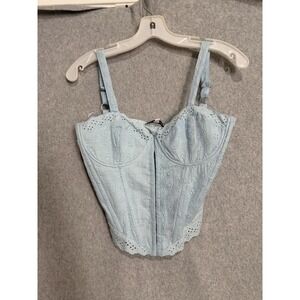 Pretty Garbage Corset Top Womens S Blue Eyelet Lace Boned Zip Bustier Crop